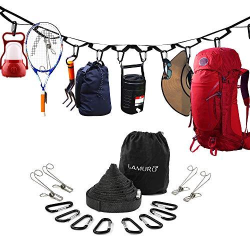 Campsite Storage Strap with 19 Separated Loops for Hanging Camping Equipment, Gear and Supplies | Includes Carabiner Hooks and Clothes Pins | Durable Campground Organizer Holds up to 150 LBS
