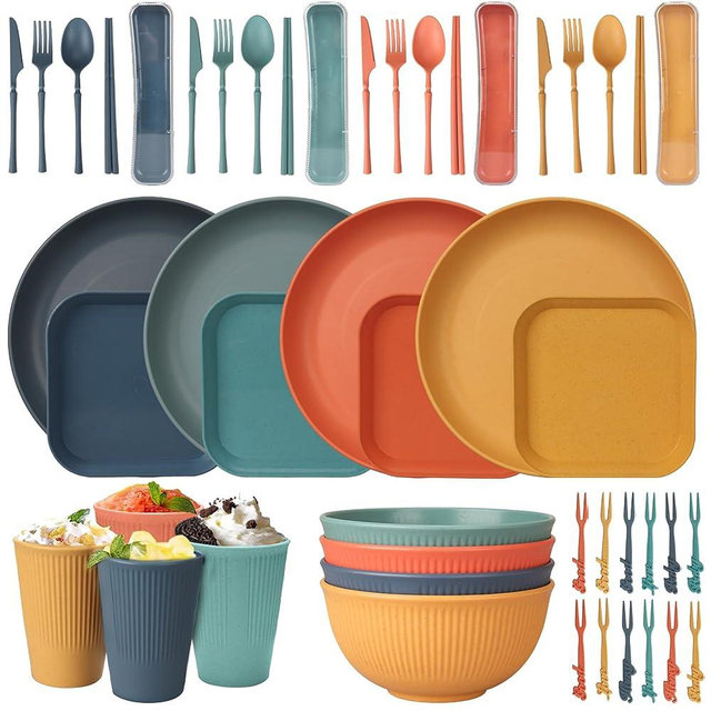 48 Pcs Wheat Straw Dinnerware Sets, Unbreakable Plates and Bowls Sets, Reusable Dinnerware Sets for 4 People, Travel Camping Picnic Home Party Cutlery Set, Dishwasher Microwave Safe Dishes