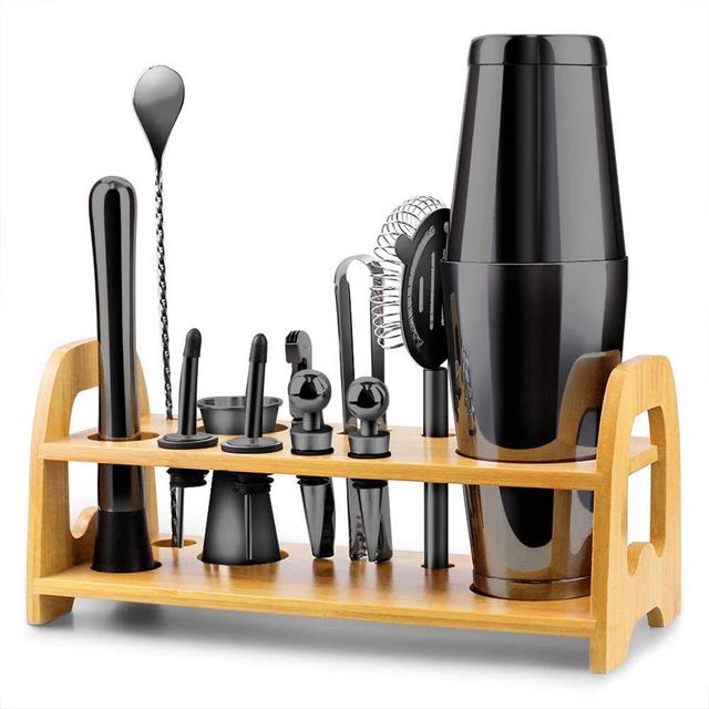 Bartender Kit, 13 Piece Boston Cocktail Shaker Stainless Steel Bar Set with Shaker Tins,Measuring Jigger, Spoon, Pourers, Muddler, Strainer, Tongs, Bottle Stoppers, Opener, Stand, Recipes