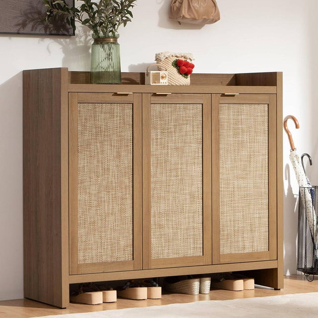 SICOTAS Shoe Storage Cabinet, 30 Pairs Rattan Shoe Cabinet Storage for Entryway, 6-Tier 41" Tall Shoe Cabinet Storage, Boho Farmhouse Storage Cabinet with Doors for Entryway Hallway Living Room Closet