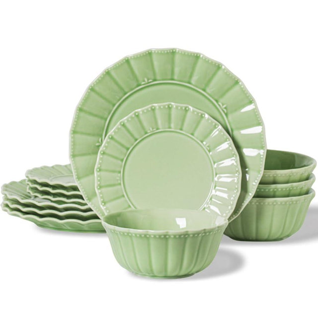 HOMBENE 12 Piece plates and bowls sets for 4, Dinnerware set, Porcelain Dish Set, House gift, Microwave and Dishwasher Safe, Mint Glow Green