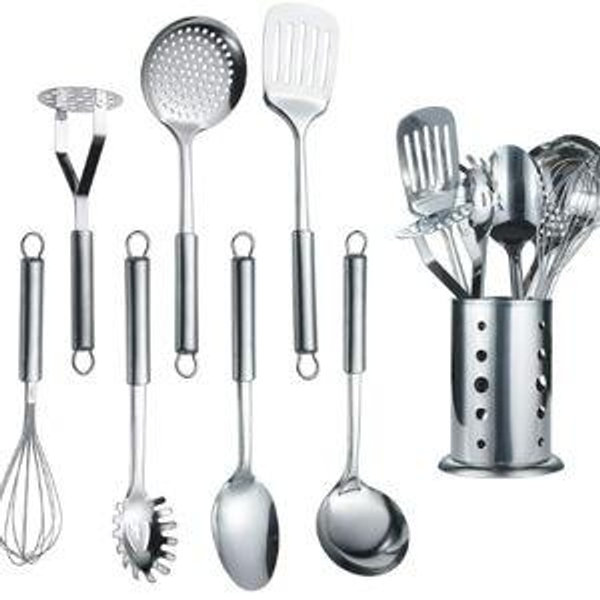 Berglander Cooking Utensil Set 8 Piece, Stainless Steel Kitchen Tool Set with Stand,Cooking Utensils, Slotted Tuner, Ladle, Skimmer, Serving Spoon, Pasta Server,Potato Maseher, Egg Whisk. （8 Pieces）
