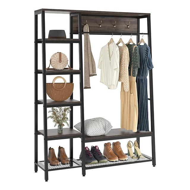 HOMECHO Industrial Garment Rack with Side Shelves, Entryway Hall Tree with Storage Bench, Heavy Duty Coat Rack, Wood and Metal Closet Organizer for Bedroom, Dark Brown