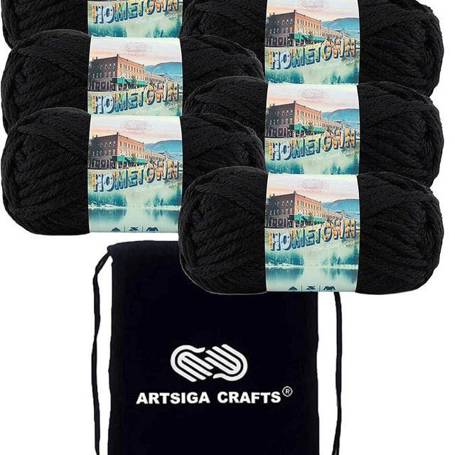 Lion Brand Hometown South Dakota Black 135-153 (6-Skeins - Same Dye Lot) #6 S Bulky Acrylic Yarn for Crocheting and Knitting with Project Bag