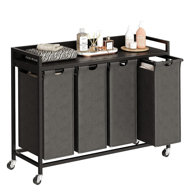 Herture Laundry Hamper with Shelf, Laundry Basket 4 Section, Laundry Sorter with Pull-Out Removable Large Bags and Movable Wheels, Metal Frame, 4 x 15.87 Gallons (60L), Black and Gray PF07XLB