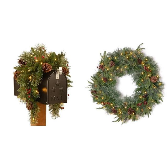 National Tree Company Pre-lit Artificial Christmas Mail Box Swag Flocked with Mixed Decorations and White LED Lights Colonial-36 Inch & Pre-Lit Artificial Christmas Wreath, White Lights, Decorated