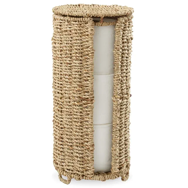 Casafield Toilet Paper Roll Holder with Lid - Natural, Fits 3 Rolls, Free Standing Seagrass Bath Tissue Storage Organizer for Bathroom