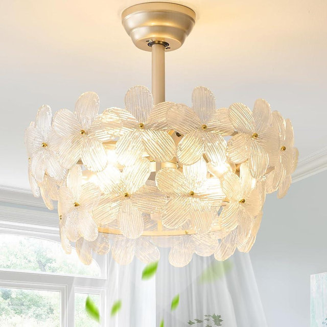 MizWacky Gold Crystal Fandelier Ceiling Fans with Lights, 20" Gold Flower Chandelier Ceiling Fan with Light Remote Control, Caged Mid-Century with 6 Speeds for Bedroom, Nursery, Living Room