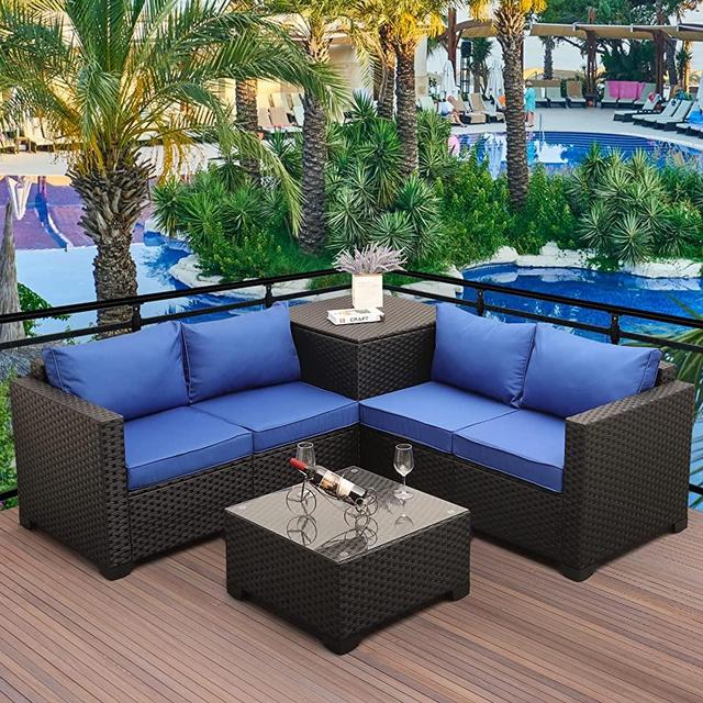 Outdoor PE Wicker Furniture Set 4 Piece Patio Black Rattan Sectional Loveseat Couch Set Conversation Sofa with Storage Box Glass Top Table and Non-Slip Royal Blue Cushion