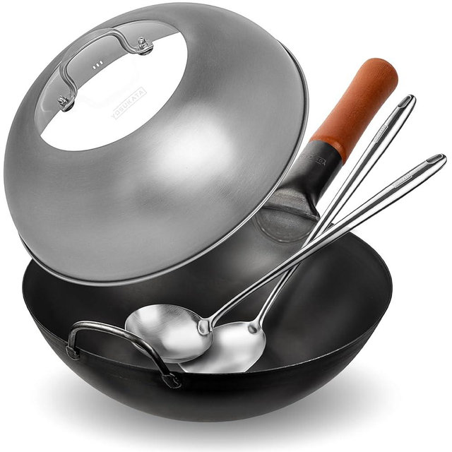 YOSUKATA Carbon Steel Wok Pan – 11,8 “ Woks and Stir Fry Pans + Wok Lid 11.4 In - Premium Stainless Wok + 17’’ Wok Spatula and Ladle - Set of 2 Heat-Resistant Wok Tools
