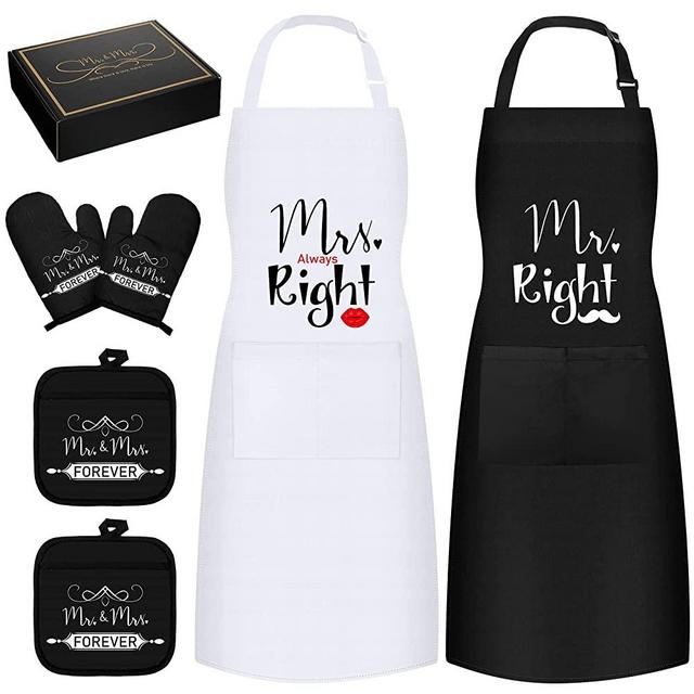 Mr and Mrs Aprons Set of 7 Couples Favor Engagement Supplies Wedding Kits Wedding Registry Items with Oven Mitts and Present Box Pot Holder for Couple Restaurant Unisex Man Woman Kitchen Baking Kits