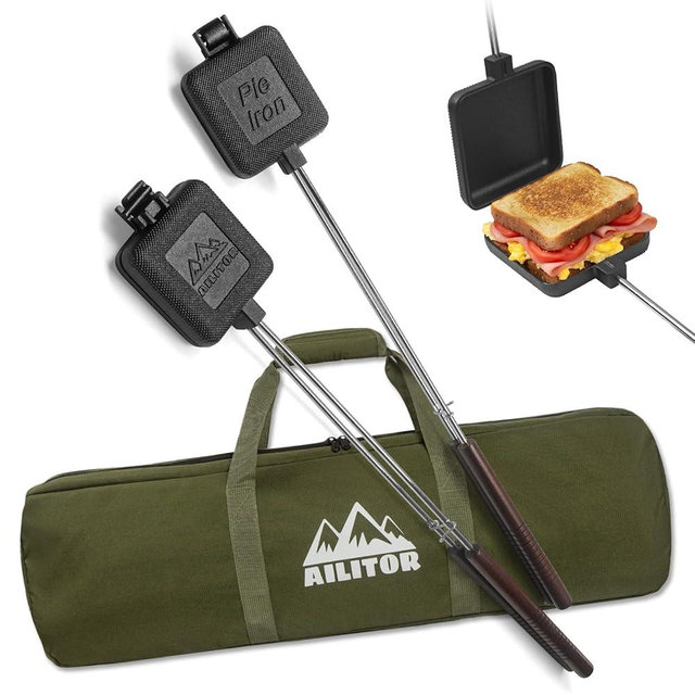 AILITOR Mountain Pie Maker Cast Iron Set of 2 - Pie Irons for Camping with Storage Bag, Campfire Sandwich Maker Cast Iron