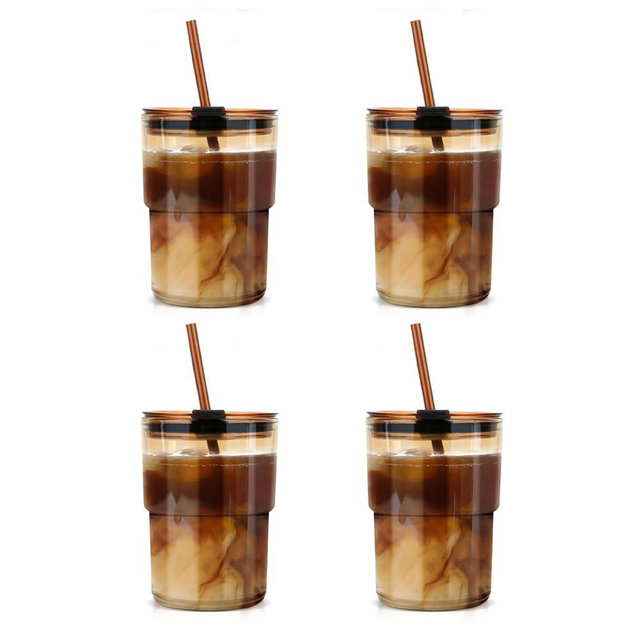 Luxfuel 13oz Tumbler Water Glass Cups with Straw and Lid, Reusable Iced Coffee Cups, Iced Tea, Sealed Carry-On Glass Tumbler for Travel, Home, Office, Party and Outdoor (Amber 2 Pack)