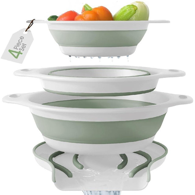 Gevoli Collapsible Colanders (3 Pack Set) Food Strainers with Over-Sink Water Draining Base for Pasta Fruits and Vegetables, White/Sage (3 Sizes, 3QT, 4QT and 5 Quart)