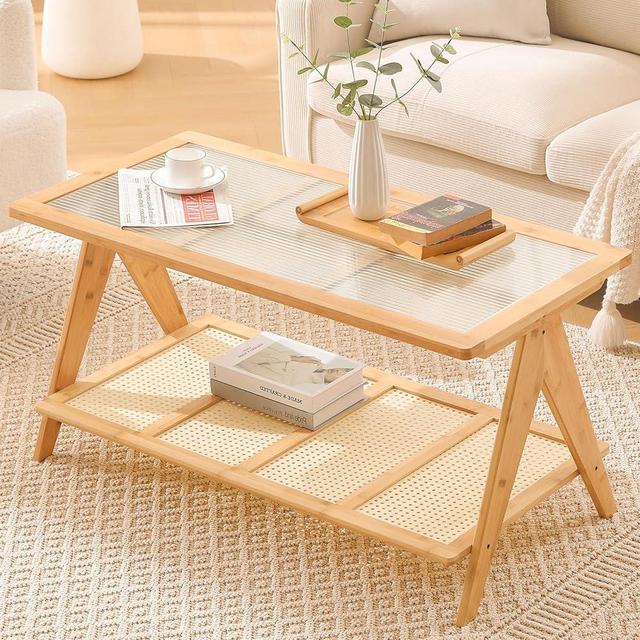 BECHAEO Boho Rattan Coffee Table with Glass Top, Boho Coffee Tables with Imitation Rattan Shelf, Modern Bamboo Coffee Table, Rectangle Small Center Coffee Tables for Living Room Office, Natural