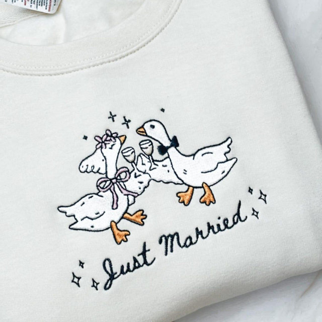 Just Married Matching Embroidered Crewneck – Goose Bride & Groom Design