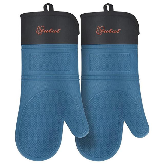 YUTAT Silicone Oven Mitts – Heat Resistant and Waterproof Oven Mitt Set – Kitchen Accessories with Non-Slip Design and Food Grade Silicone – Easy to Clean – Extra Long Cooking Gloves – Blue
