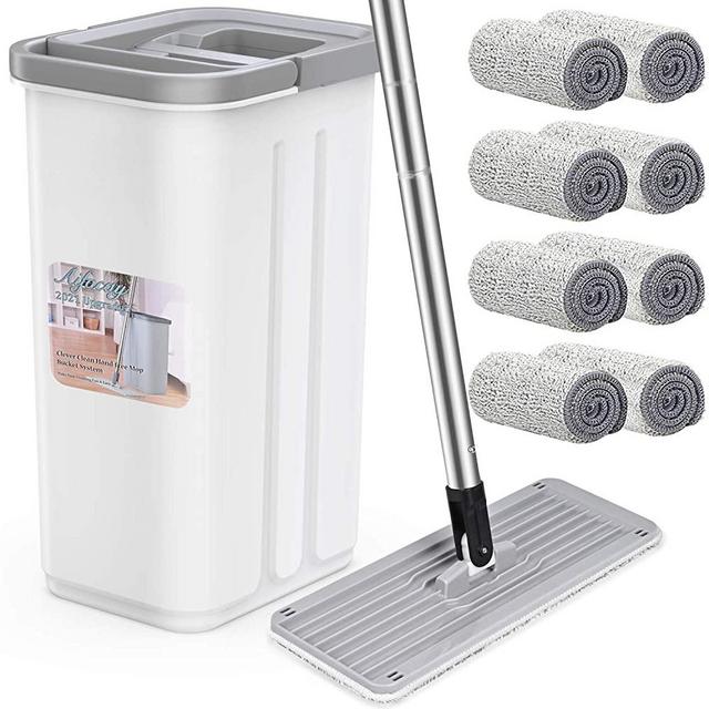 Aifacay Flat Mop and Bucket Floor Cleaning System, 8 Microfiber Refills Hands-Free Wringing Mop 57 Inch Handle for Hardwood Laminate Floors