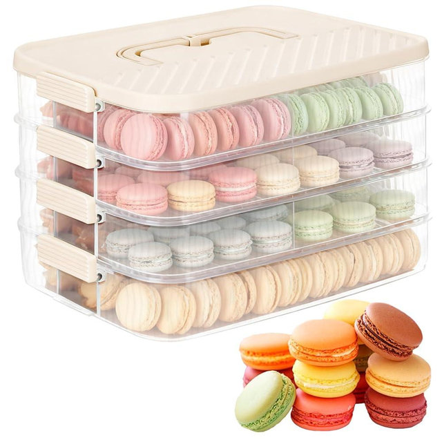 HFYZZ 4-Layer Stackable Cookie Airtight Storage Containers with Lids, Portable Plastic Cookie Storage Case Snack Containers for Desserts, Cupcakes, Snacks, Dumplings, Fruit- Beige Lid