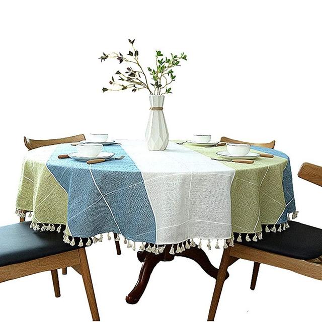 Heavy Weight Cotton Linen Tablecloth, Plaid Tassel Round Table Cover for Kitchen Dining Room Tabletop Decorations, Round - 48", Blue Green