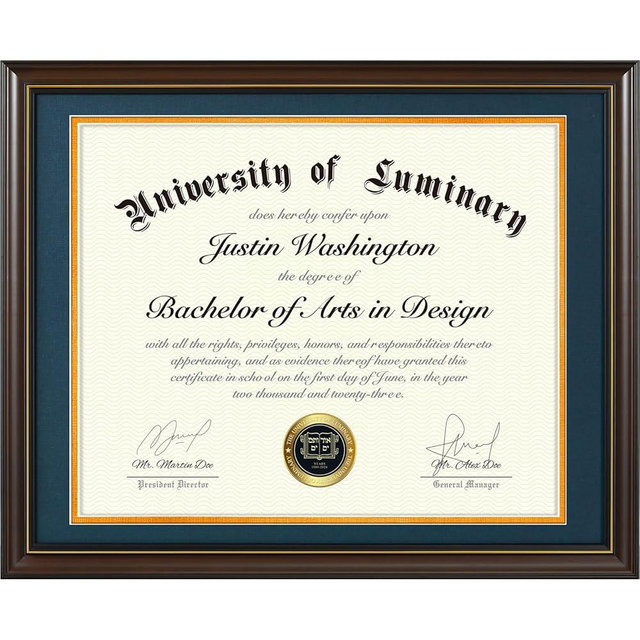 Luminary 16x20 Wood Diploma Frame with 14x17 Opening Navy Mat for College Degree Certificate Document, Walnut Color Wooden Frame with Tempered Glass Panel for Wall Mount Display