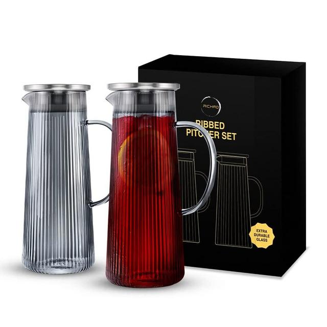 Red Co. Set of 2 Durable 50 Oz Glass Pitcher with Easy Refill Lid,  Drip-Free Hot Cold Water Jug, Juice and Iced Tea Beverage Carafe