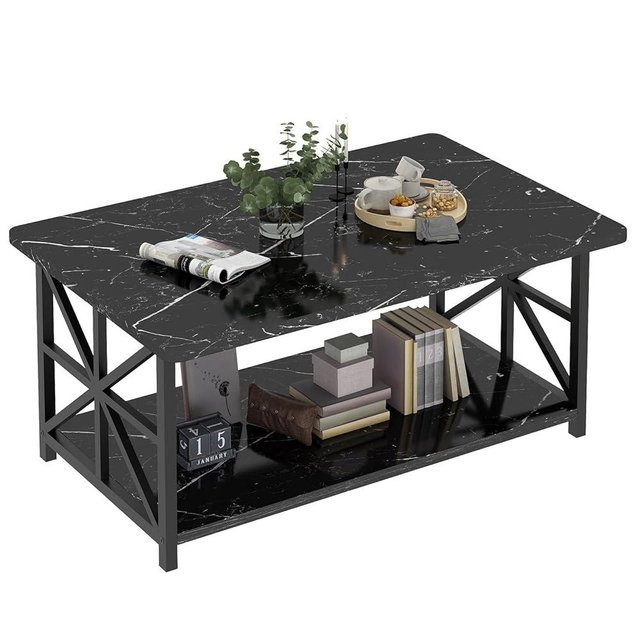 AWQM Coffee Table with Round Corners, 2 Tier Coffee Table with Storage Shelf, Rectangular Center Table for Living Room Modern Style, Marble Tea Table 39.37 × 21.65 Inches, Easy to Assemble, Black
