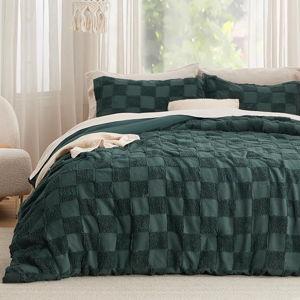 Bedsure King Size Comforter Set Emerald, Boho Tufted Bed Set, Checkered Farmhouse-Style Distressed Vintage Bedding, 3 Pieces, 1 Plaid Geometric Comforter and 2 Pillow Shams