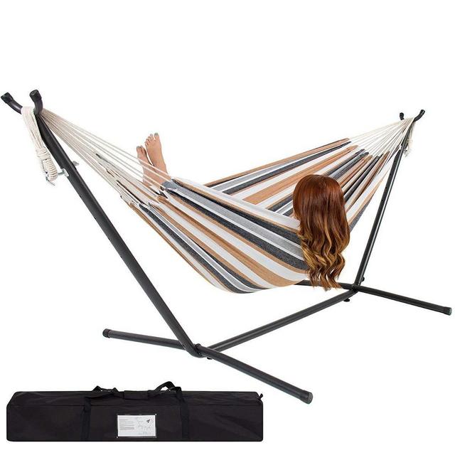 Best Choice Products Double Hammock With Space Saving Steel Stand Includes Portable Carrying Case, Desert Stripe