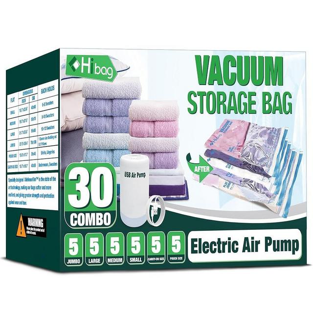 HIBAG Vacuum Storage Bags with Electric Pump, 30 Pack Vacuum Seal Space Saver Bag for Clothes, Clothing, Pillows, Blanket Bedding Comforters