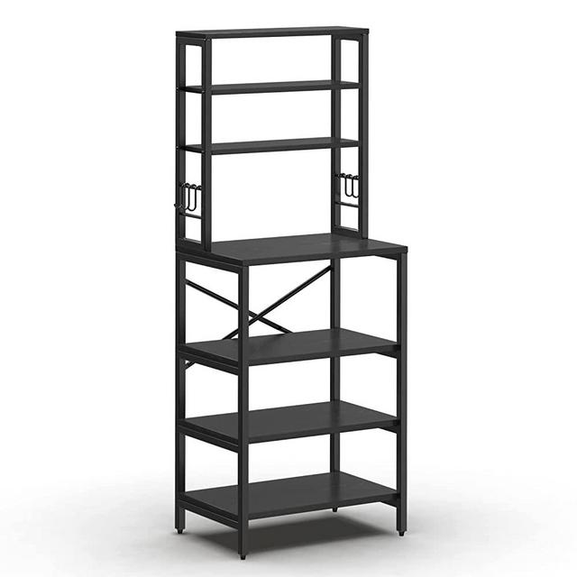 AMOSIC Industrial Kitchen Baker’s Rack, Multiuse 7-Tier Metal Kitchen Bakers Rack, 6 S-Hooks, Floor Standing Spice Rack Organizer Workstation, for Microwave, Spice Jars, Pots and Pans, Black