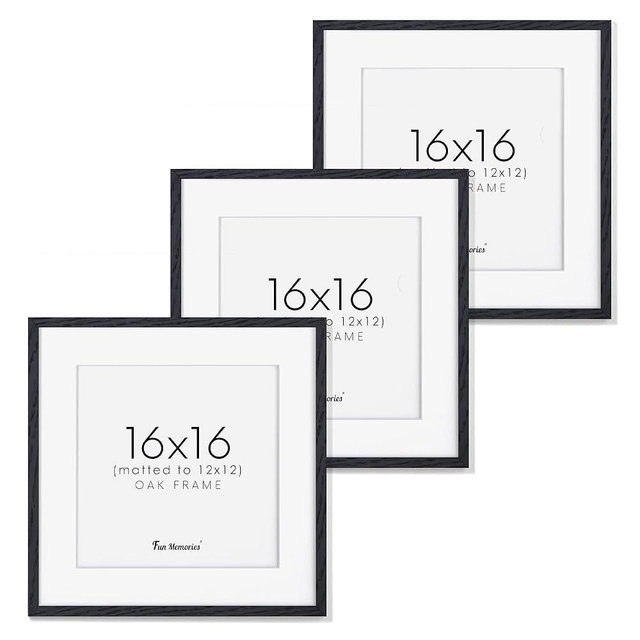 16x16 Black Picture Frames, Solid Oak Wood Frame 16"x16" Square Frame for Wall, 16 x 16 Photo Frames - Tempered Glass, Square 16 x 16 Frame Matted to 12 x 12, 16x16 Poster Frame, Set of 3