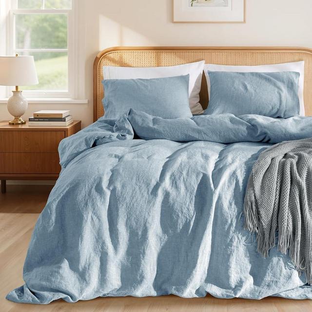 LBRO2M 100% France Linen Duvet Cover Set Queen Size 3 Pcs Natural Flax Comforter Cover with Zipper Closure 2 Pillowcase Breathable Duvet Cover (Dusty Blue Queen)