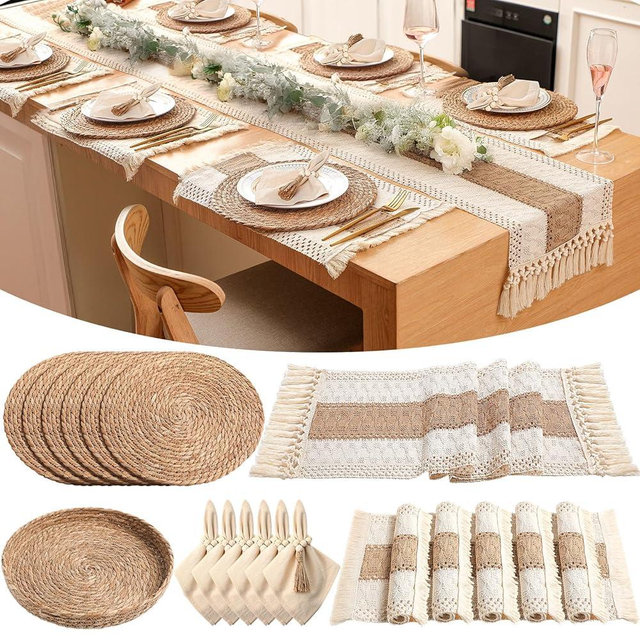 Gandeer 6 Sets Boho Placemats Round Woven Placemats, Cloth Napkins, Wood Bead Napkin Rings, Long Table Runner and Farmhouse Rustic Placemats Natural Burlap Cotton for Kitchen Dining Table Home