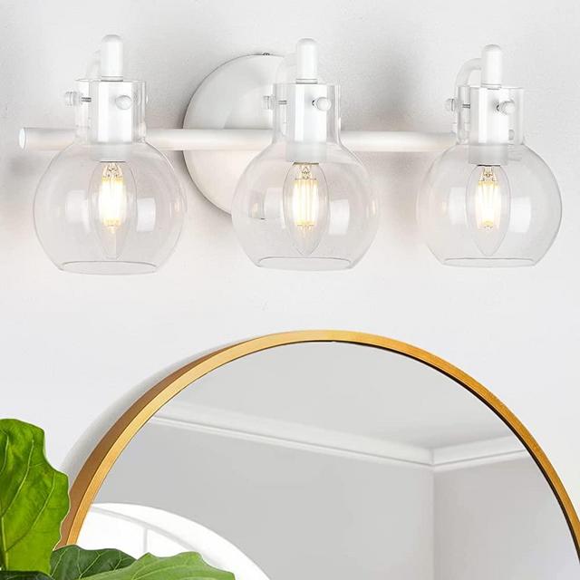 FOLKSMATE Bathroom Vanity Light Fixtures, Modern 3 Lights Wall Sconce Lighting White, Farmhouse Metal Wall Lamp with Globe Glass Shade, Porch Wall Mount Light Fixture for Mirror Cabinets Hallway