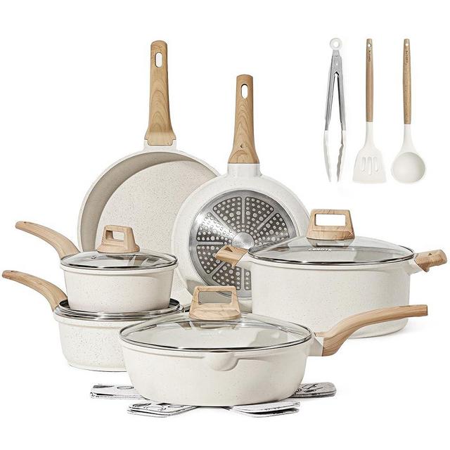 CAROTE Pots and Pans Set Nonstick, White Granite Cookware Sets Induction Cookware, 16 Piece Non Stick Cooking Set w/Frying Pans & Saucepans (PFOS, PFOA Free)