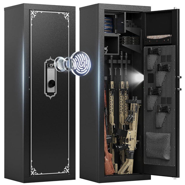 KAER Biometric Gun Safe for Rifle & Pistol, 10-14 Gun Capacity Large Rifle Safe with Fingerprint Lock, Adjustable Shelves, Silent Mode & Anti-Theft Alarm, Home Locking Cabinet for Firearms Storage