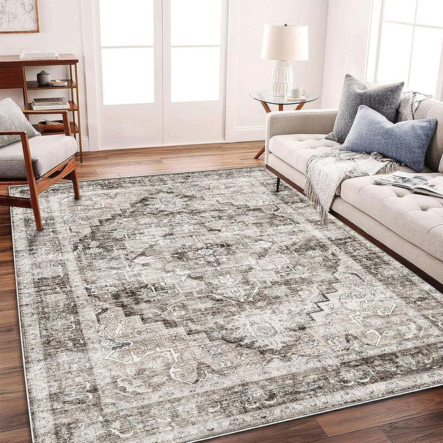 CHAMPLANT Area Rug 6'x9' Deep Khaki Washable Vintage Traditional Floor Cover Thin Retro Kitchen Indoor Distressed Non Slip Carpet for Living Room Bedroom Dining Room