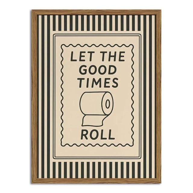Funny Let the Good Times Roll Bathroom Wall Art, Whimsical Black and White Stripe Quote Restroom Wall Decor Painting Eclectic Vintage Toilet Paper Poster Canvas Prints 16x24 inch Wood Framed