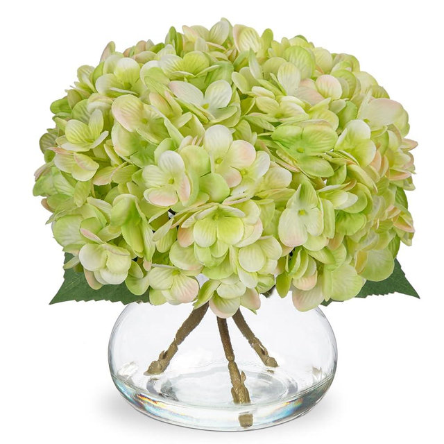 Hollyone Hydrangea Artificial Flowers with Glass Vase Green Silk Faux Flowers Arrangements in Vase with Faux Water Fake Floral Bulk Bouquet for Home Decor Table Centerpiece Decorations
