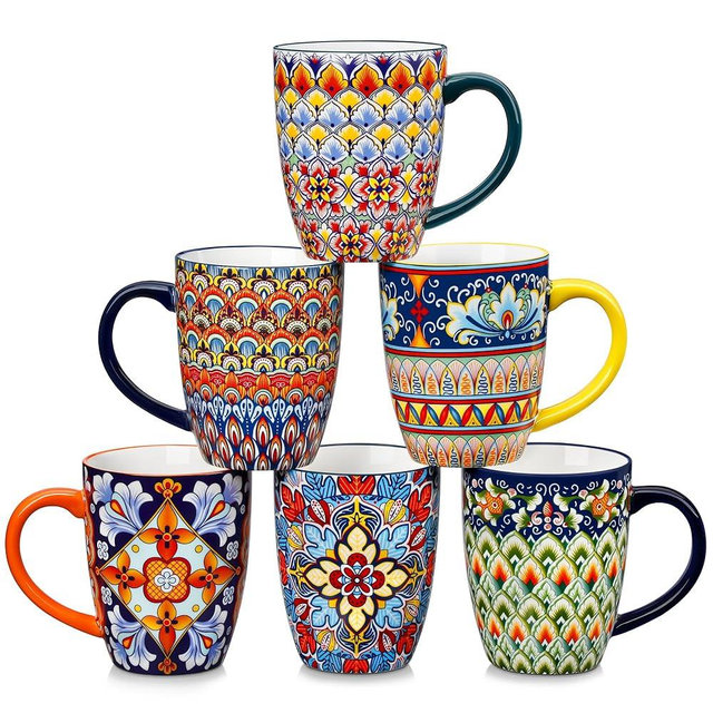vancasso 16 oz Coffee Mugs Set of 6, Large Ceramic Mug with Handle, Boho Coffee Cups for Latte, Cappuccino & Hot Chocolate, Dishwasher & Microwave Safe Gift Set, Series SIMI