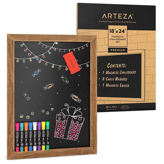 Arteza Magnetic Chalkboard Sign, 18 x 24 Inches, Includes 8 Chalk Markers and Magnetic Eraser, Easy-to-Mount Decorative Blackboard, Art Supplies for Cafes, Stores, Kitchen, Weddings and Special Events