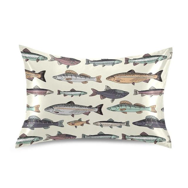 Vintage Fishes Pillow Covers Silk Pillowcase for Hair and Skin with Envelope Closure Satin Pillowcase Standard Size Pillow Case for Women Bedroom Bed Sleeping (20x26 Inch)