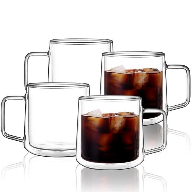 CNGLASS 15oz(4-pack) Double Walled Glass Coffee Mugs,Large Insulated Glass Mugs with Handle,Clear Coffee Cups for Espresso,Latte,Cappuccino,Tea