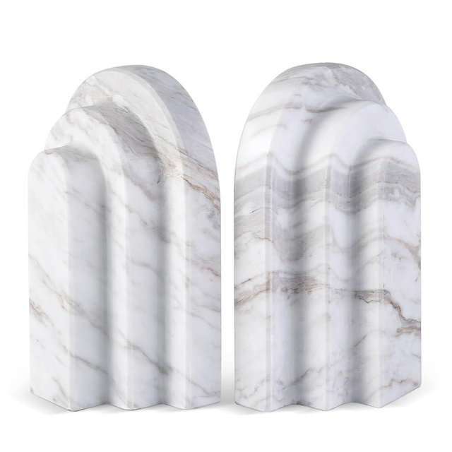 Natural Marble Book Ends - Heavy Duty Bookends for Shelves - Aesthetic Layered Arch Design Stone Book Holders, Modern Office Bookshelf Stopper Decor for Books/CDs (Volakas)