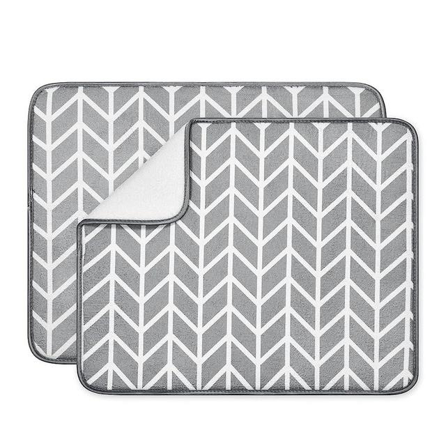 SUBEKYU Dish Drying Mat for Kitchen Counter, Absorbent Microfiber Dishes Drainer Mats/Rack Pads, 2 Pack, Light Grey, Branch