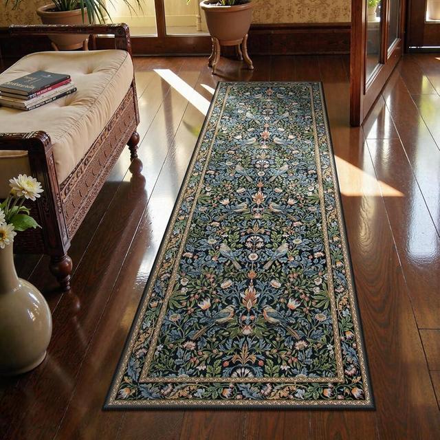 Morebes Washable Floral Hallway Runner Rug 2x6 Non Slip, Boho Botanical Birds Kitchen Runner, Ultra-Thin Super Soft Indoor Floor Carpet for Bathroom Entryway Laundry Room, Navy Blue