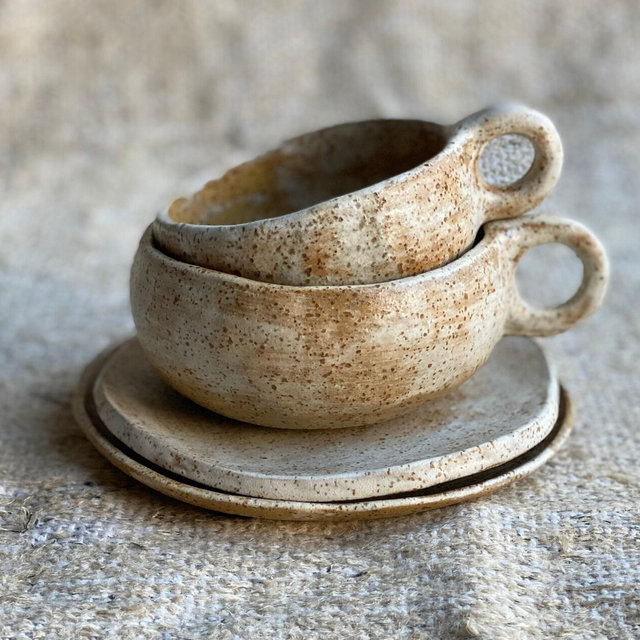 Bespoke listing Latte mug ceramic toasted cup and saucer rustic pottery cappuccino cup saucer set large stoneware wabi sabi mug speckled cup