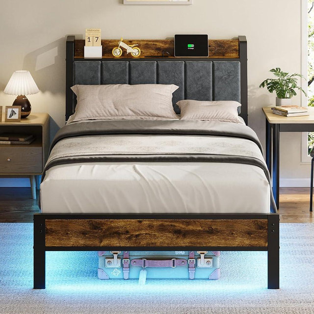 Twin Size Bed Frame with Wood Storage Headboard and USB Charging Station, Smart LED Lights, Metal Platform Bed Frames Easy Assembly, Noise Free, No Box Spring Needed