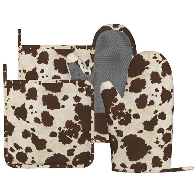 MIFSOIAVV Brown Cowhide Oven Mitts and Pot Holders Sets Silicone Brown Cow Print Kitchen Mitts Cowhide Skin Pattern Potholders Heat Resistant 4Pcs Oven Gloves Hot Pads for Kitchen Baking Cooking
